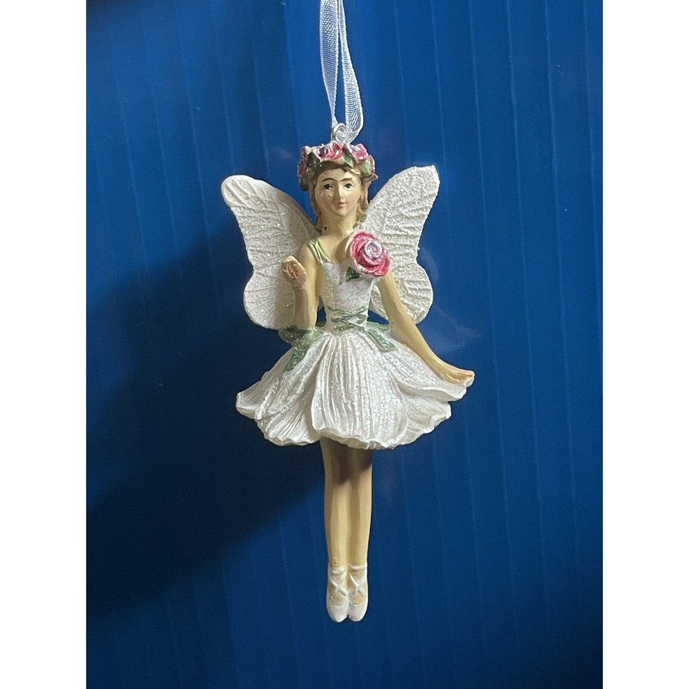 FAIRY BALLERINA w/ WINGS  A D A Rose Christmas ORNAMENT Silver Tree Holiday 4.5"